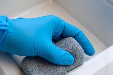 Close-up image of a person disinfecting a kitchen sink area